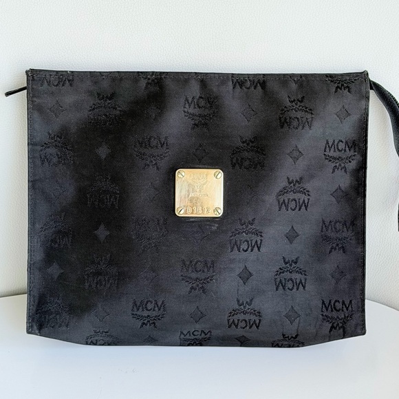 MCM Black Nylon Monogram Visetos Pouch with Gold Accents Unisex Travel Bag
